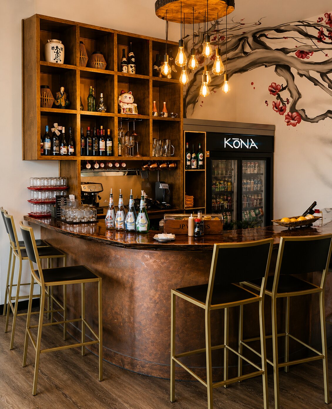 The curved copper sushi bar with gold stools, hanging Edison bulbs, a sake-bottle display and the cherry-blossom mural overhead.