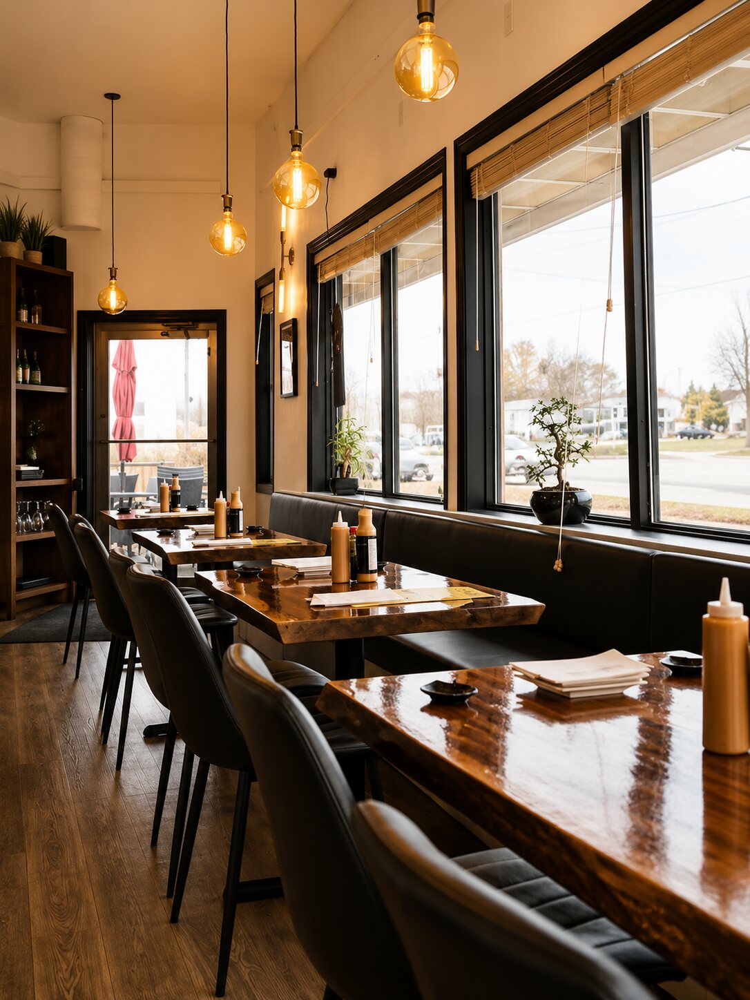 Dining tables of live-edge wood beneath warm globe pendants and big windows.