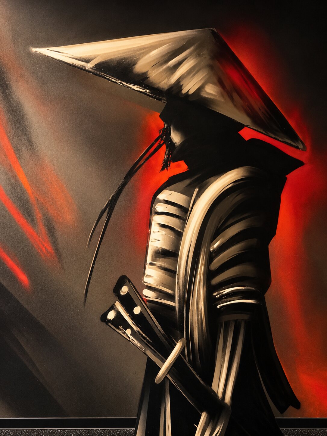 A gallery-quality mural of a samurai in a conical hat with swords, painted in black, gold and red brushwork against a moody red glow.