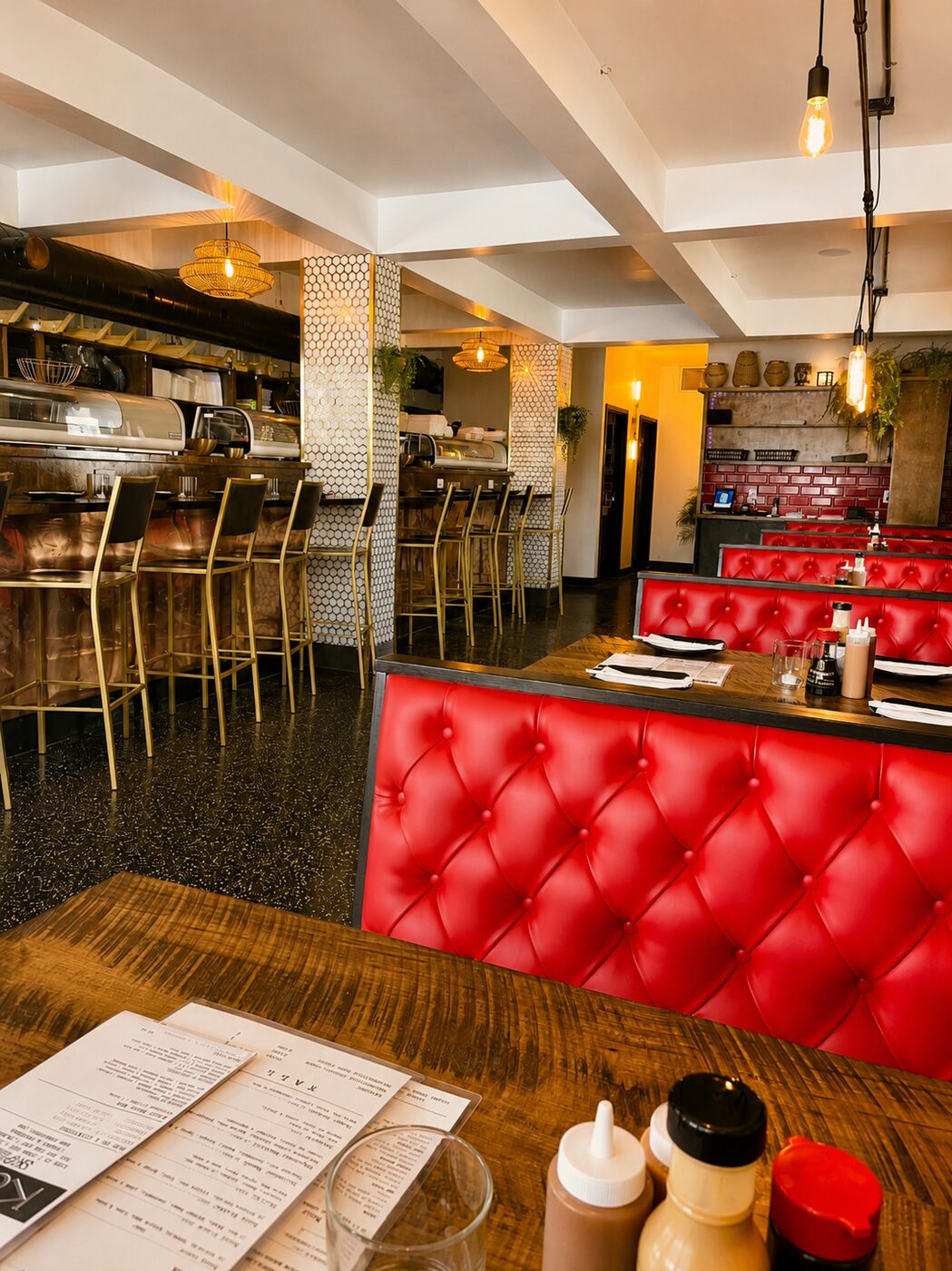 Wide view of the Tecumseh dining room — red booths running along the scalloped feature wall under warm lighting.