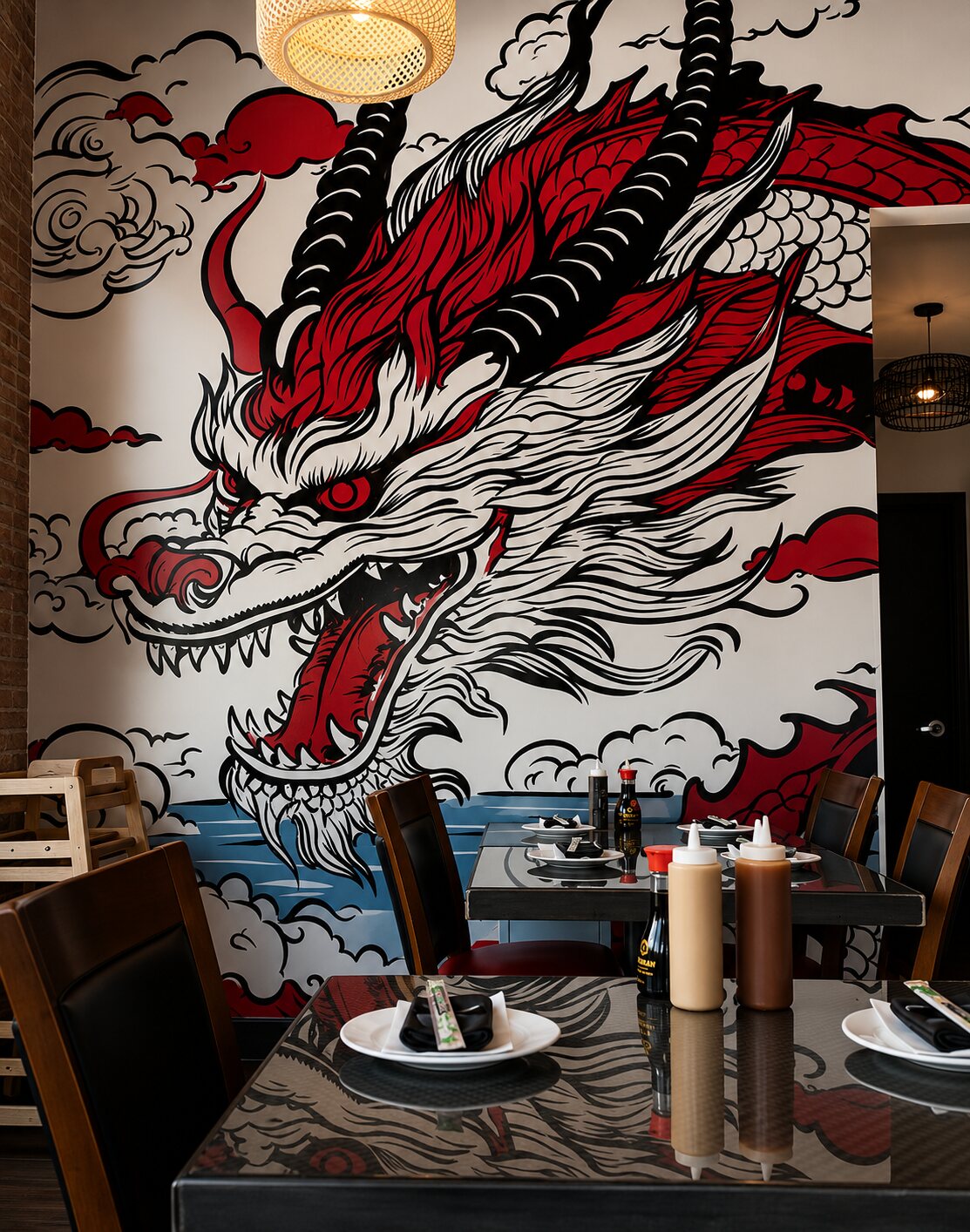Close-up of the bold red, black and white Japanese dragon mural, fierce and graphic.